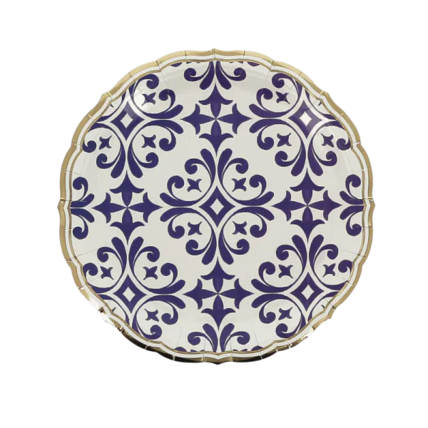 Lot de 8 Assiettes Dolce Vita – Carton Bleu Roi, Blanc & Or Ø23 cm