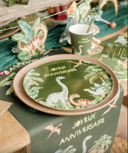 Lot de 6 Assiettes Dinosaure "Joyeux Anniversaire" – Carton Vert Ø23 cm