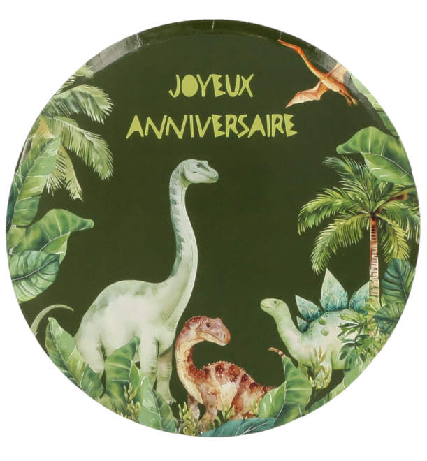 Lot de 6 Assiettes Dinosaure "Joyeux Anniversaire" – Carton Vert Ø23 cm