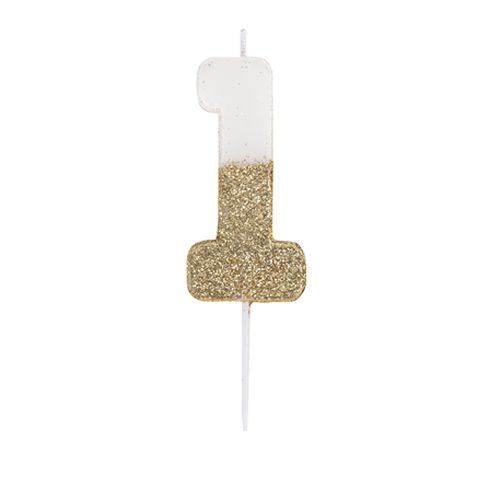 Bougie Chiffre Blanche Paillettes Or 7cm Chiffres 0 à 9