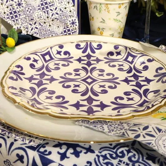 Lot de 8 Assiettes Dolce Vita – Carton Bleu Roi, Blanc & Or Ø23 cm